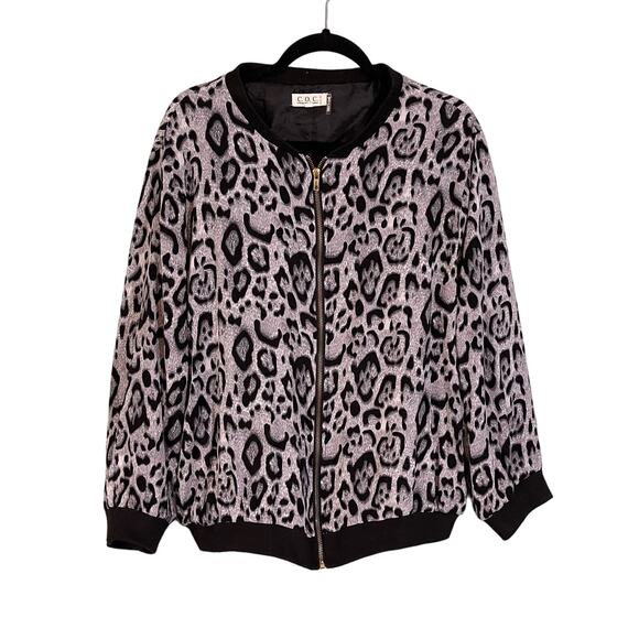 Clothing Obsessed Company Jackets & Blazers - COC Bomber Jacket Womens 1XL Animal Leopard Print Full Zip Black Gray